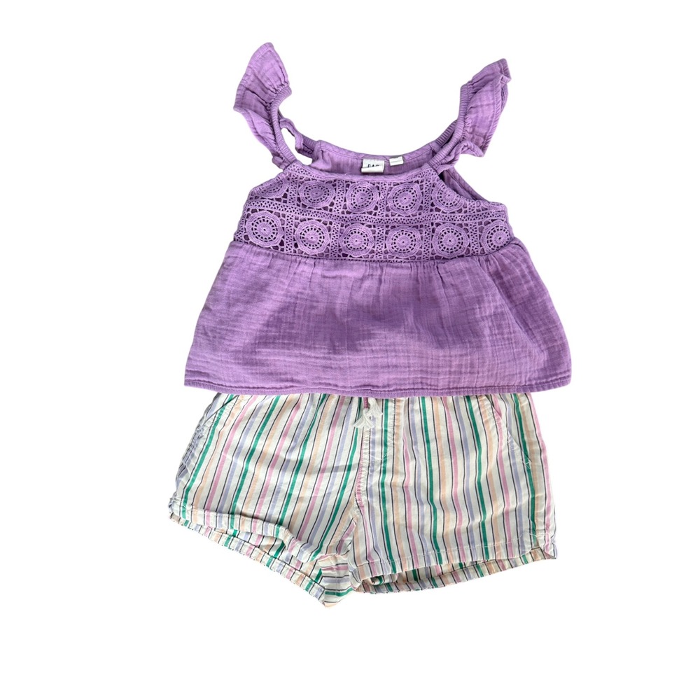 Gap Kids Girls Purple Gauze Ruffle Crochet Top and Striped Shorts Set Size 8-10‎